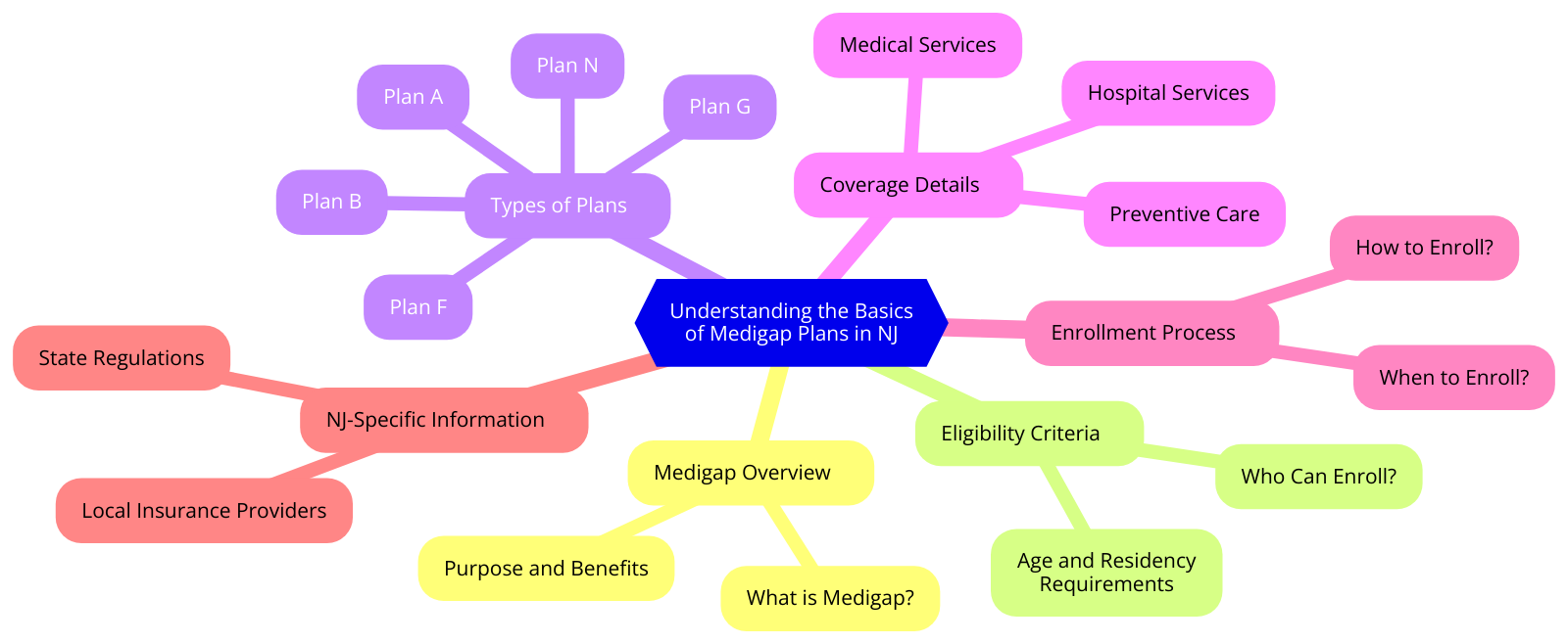 a diagram for "Understanding the Basics of Medigap Plans in NJ" using a mindmap. 