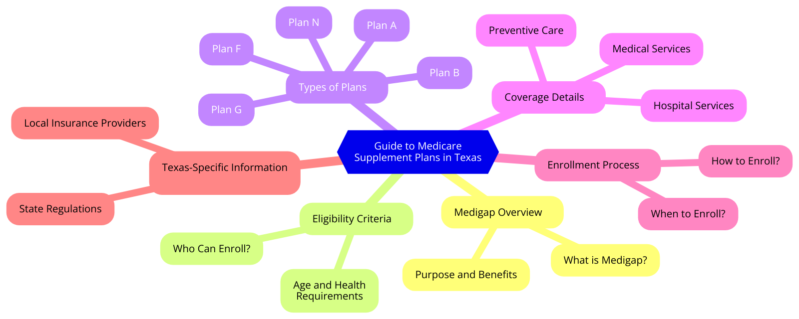 a diagram for "Guide to Medicare Supplement Plans in Texas" using a mindmap.