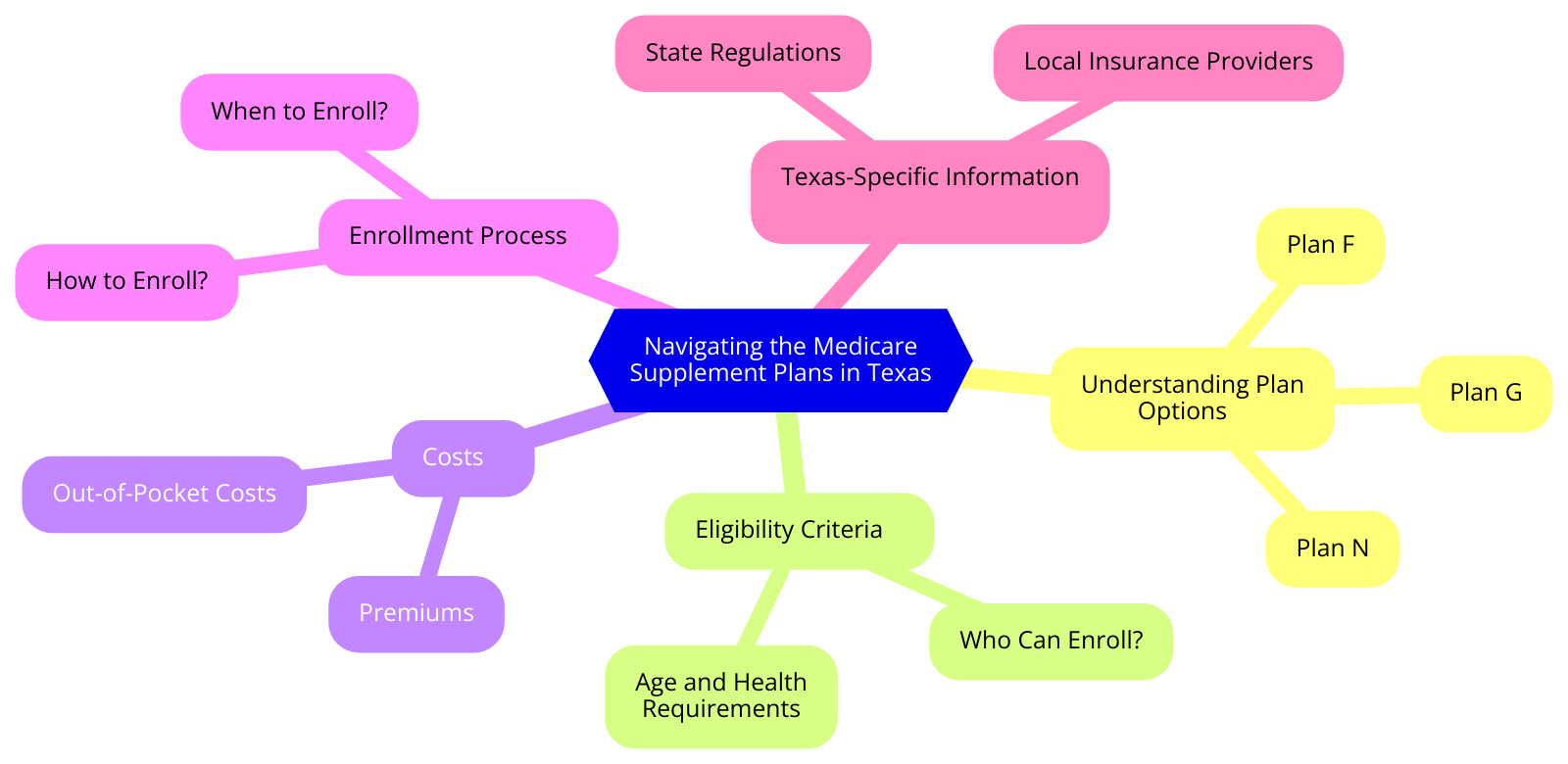 a diagram for "Navigating the Medicare Supplement Plans in Texas" using a mindmap. 