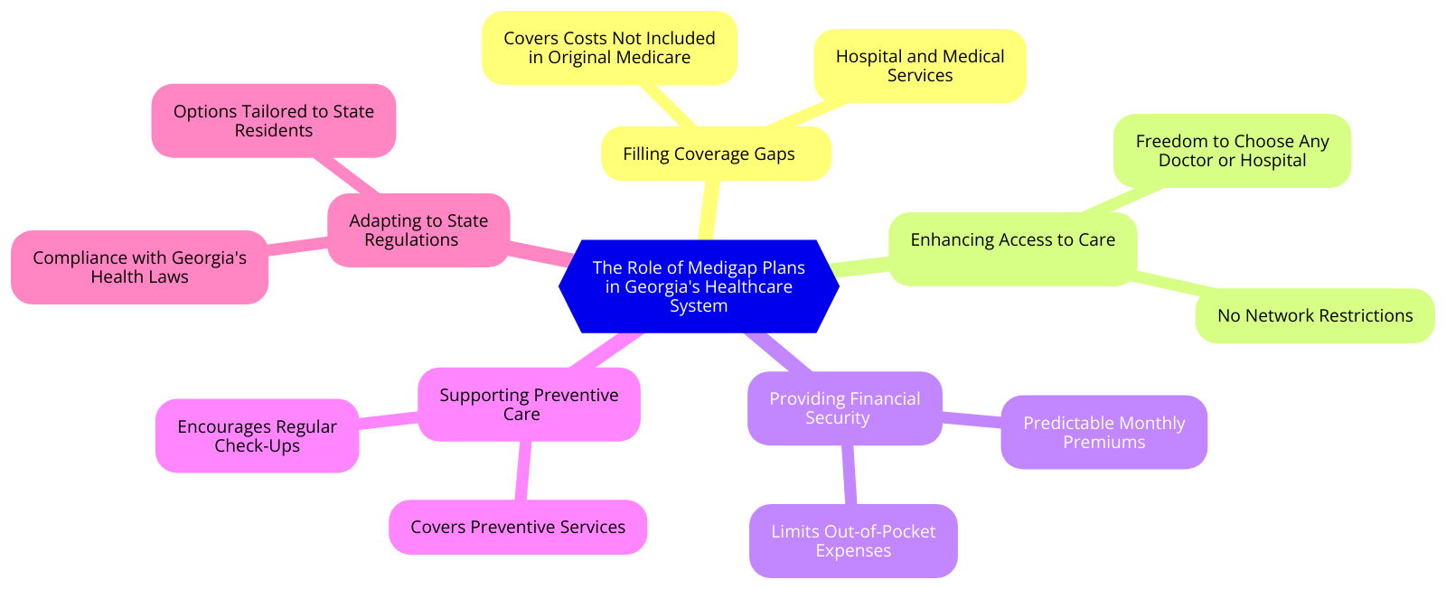 a diagram for "The Role of Medigap Plans in Georgia's Healthcare System" using a mindmap