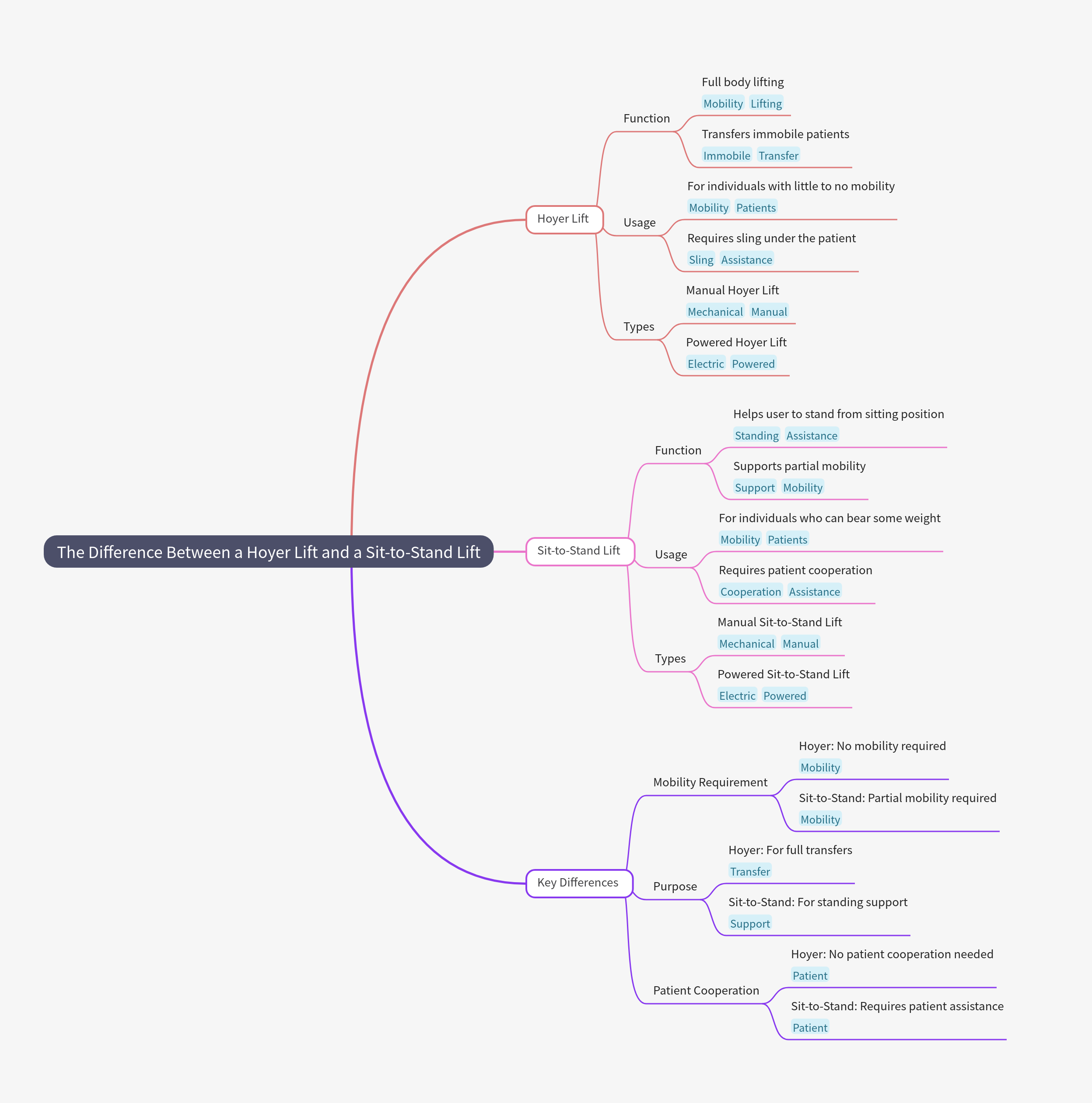 a mind map that breaks down the difference between a Hoyer Lift and a Sit-to-Stand Lift